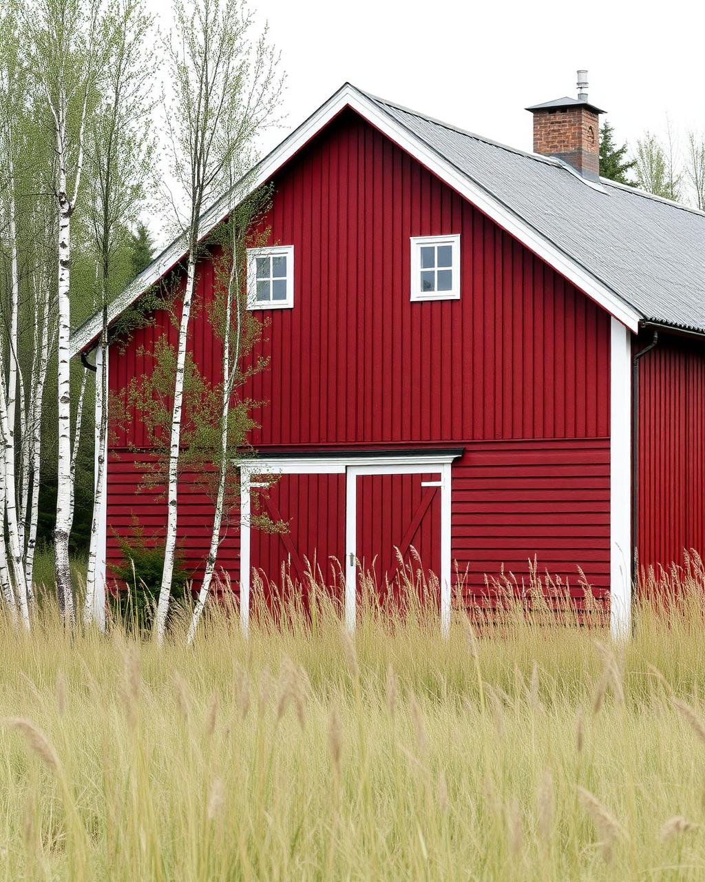 Traditionell falurödd ladugård vid Svartekulla Gård i Västergötland
