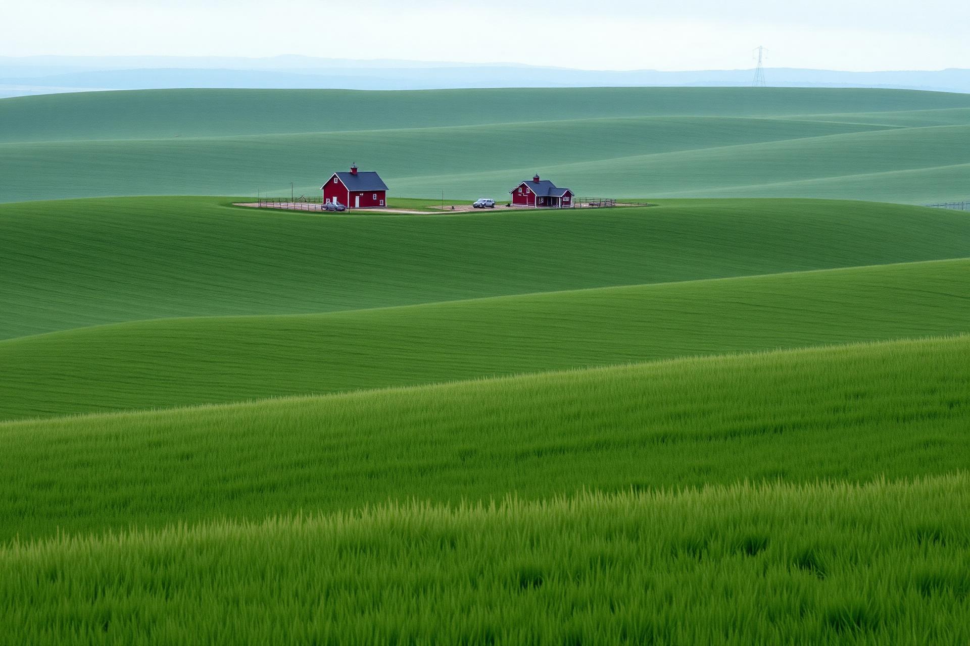Västgötskt jordbrukslandskap med rödmålade gårdsbyggnader och böljande gröna fält